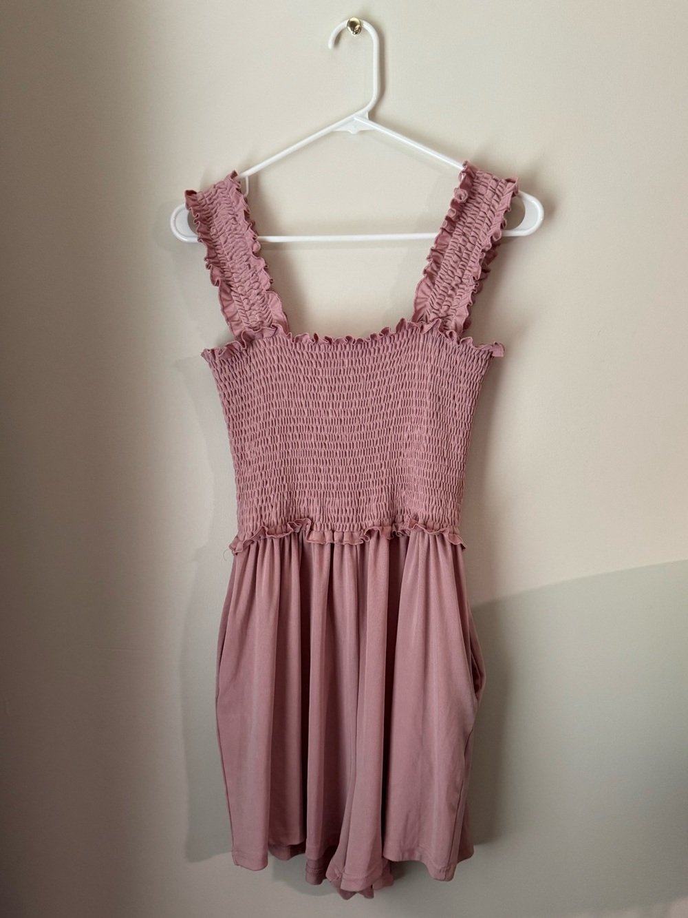Smocked Ruffle Strap Romper in Dusty Rose